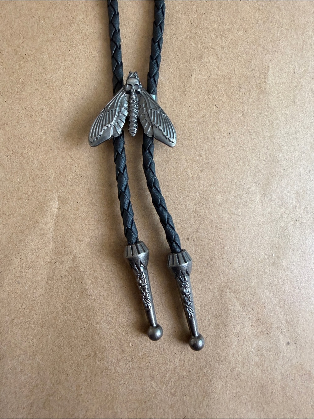 Black faux Leather Bolo Tie with Metal Moth Accent